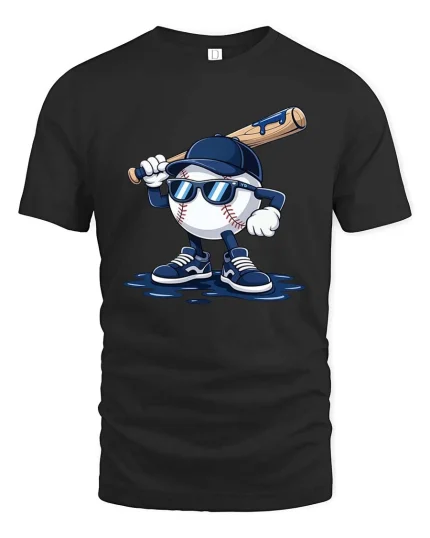 Cool Baseball Player Cartoon Graphic Sports Fan T-Shirt Tee - black t-shirt on white background