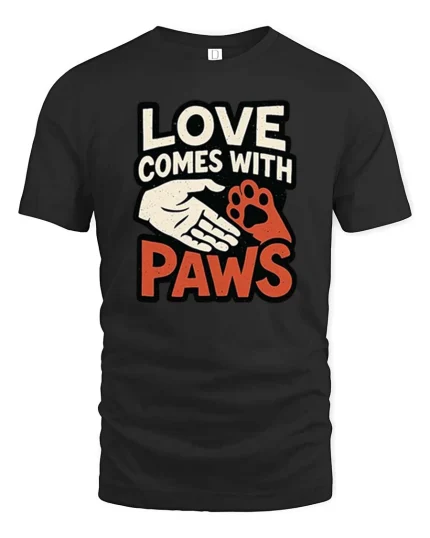 Love Comes With Paws Dog Lover Quote Graphic T-Shirt Tee - black t-shirt on white background