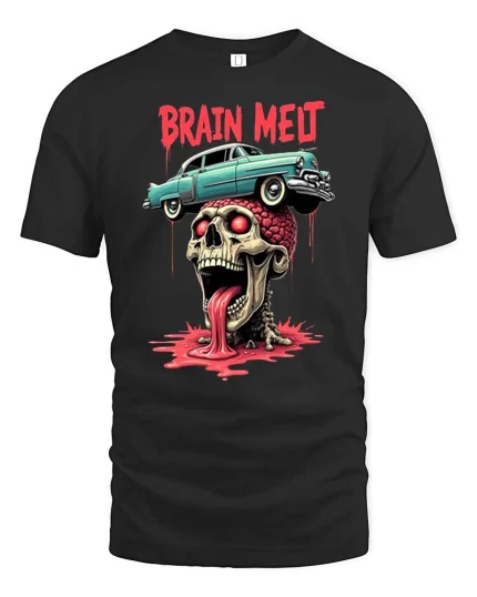 Brain Melt Skull Horror Retro Car Graphic Dark Art T-Shirt - black t-shirt on white background