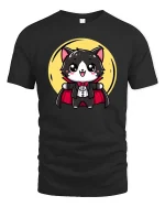 Cute Vampire Cat Cartoon Halloween Graphic T-Shirt Tee - black t-shirt on white background