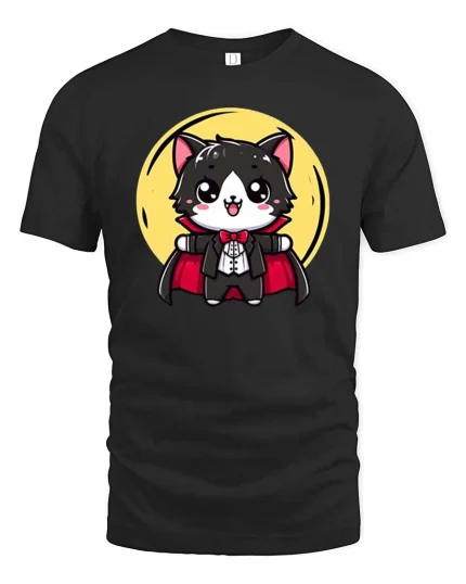 Cute Vampire Cat Cartoon Halloween Graphic T-Shirt Tee - black t-shirt on white background