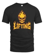 Flaming Skull Lifting Gym Dark Fitness Graphic T-Shirt Tee - black t-shirt on white background