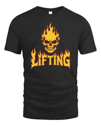 Flaming Skull Lifting Gym Dark Fitness Graphic T-Shirt Tee - black t-shirt on white background