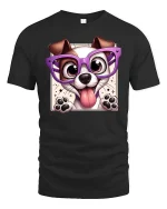 Cute Dog With Glasses Cartoon Funny Pet Graphic T-Shirt Tee - black t-shirt on white background
