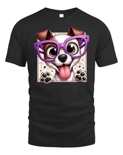 Cute Dog With Glasses Cartoon Funny Pet Graphic T-Shirt Tee - black t-shirt on white background