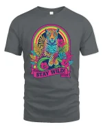 Stay Wild Neon Leopard Rainbow Retro Graphic T-Shirt Tee - gray t-shirt on white background