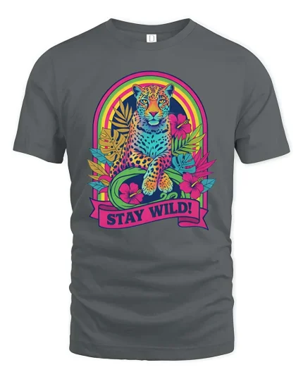 Stay Wild Neon Leopard Rainbow Retro Graphic T-Shirt Tee - gray t-shirt on white background