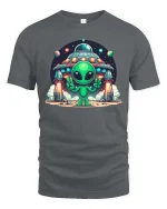 Cute Alien UFO Space Cartoon Sci Fi Graphic T-Shirt Tee - gray t-shirt on white background