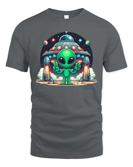 Cute Alien UFO Space Cartoon Sci Fi Graphic T-Shirt Tee - gray t-shirt on white background