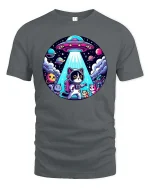 Cute Space Cat UFO Cartoon Galaxy Sci Fi Graphic T-Shirt - gray t-shirt on white background