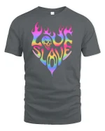 Love Slave Rainbow Flame Skull Retro Graphic T-Shirt Tee - gray t-shirt on white background