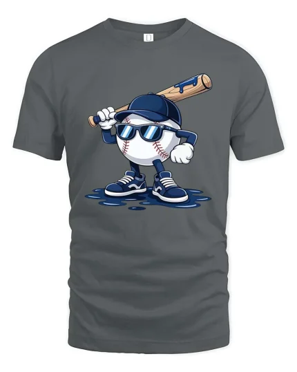 Cool Baseball Player Cartoon Graphic Sports Fan T-Shirt Tee - gray t-shirt on white background