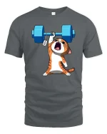 Funny Strong Cat Weightlifting Cartoon Gym Graphic T-Shirt Tee - gray t-shirt on white background