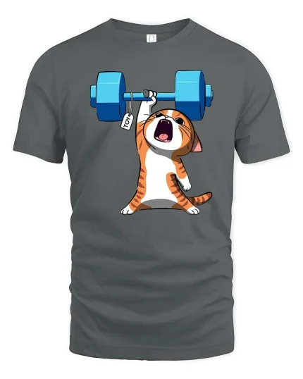 Funny Strong Cat Weightlifting Cartoon Gym Graphic T-Shirt Tee - gray t-shirt on white background