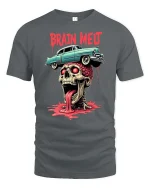 Brain Melt Skull Horror Retro Car Graphic Dark Art T-Shirt - gray t-shirt on white background