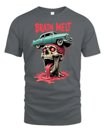 Brain Melt Skull Horror Retro Car Graphic Dark Art T-Shirt - gray t-shirt on white background