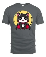 Cute Vampire Cat Cartoon Halloween Graphic T-Shirt Tee - gray t-shirt on white background
