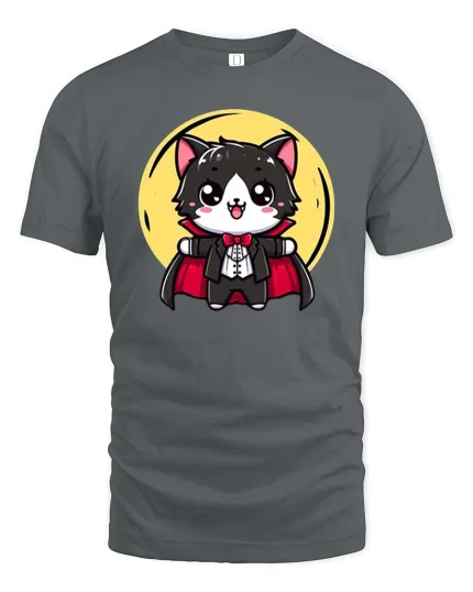 Cute Vampire Cat Cartoon Halloween Graphic T-Shirt Tee - gray t-shirt on white background