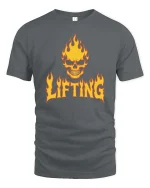 Flaming Skull Lifting Gym Dark Fitness Graphic T-Shirt Tee - gray t-shirt on white background