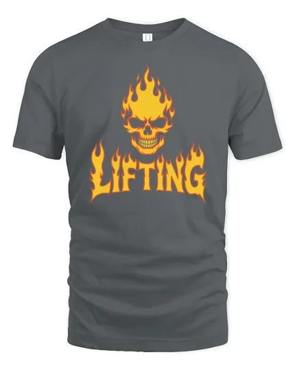 Flaming Skull Lifting Gym Dark Fitness Graphic T-Shirt Tee - gray t-shirt on white background