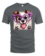 Cute Dog With Glasses Cartoon Funny Pet Graphic T-Shirt Tee - gray t-shirt on white background