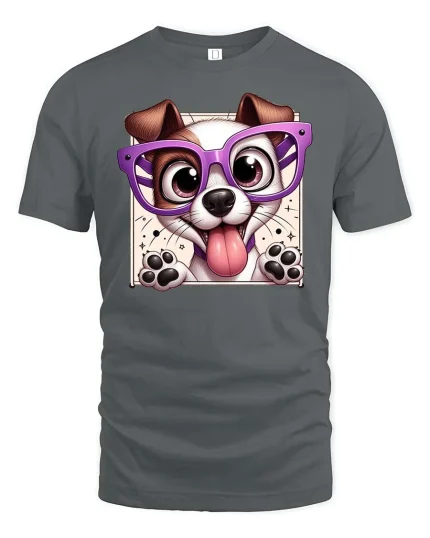 Cute Dog With Glasses Cartoon Funny Pet Graphic T-Shirt Tee - gray t-shirt on white background