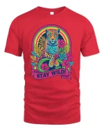 Stay Wild Neon Leopard Rainbow Retro Graphic T-Shirt Tee - red t-shirt on white background