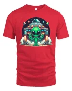 Cute Alien UFO Space Cartoon Sci Fi Graphic T-Shirt Tee - red t-shirt on white background