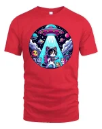 Cute Space Cat UFO Cartoon Galaxy Sci Fi Graphic T-Shirt - red t-shirt on white background