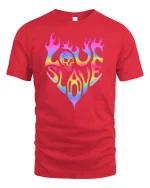 Love Slave Rainbow Flame Skull Retro Graphic T-Shirt Tee - red t-shirt on white background
