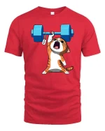 Funny Strong Cat Weightlifting Cartoon Gym Graphic T-Shirt Tee - red t-shirt on white background