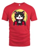 Cute Vampire Cat Cartoon Halloween Graphic T-Shirt Tee - red t-shirt on white background