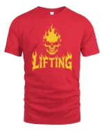 Flaming Skull Lifting Gym Dark Fitness Graphic T-Shirt Tee - red t-shirt on white background