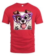 Cute Dog With Glasses Cartoon Funny Pet Graphic T-Shirt Tee - red t-shirt on white background