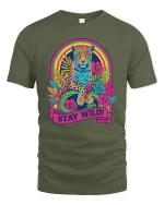 Stay Wild Neon Leopard Rainbow Retro Graphic T-Shirt Tee - military green t-shirt on white background