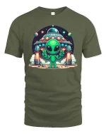 Cute Alien UFO Space Cartoon Sci Fi Graphic T-Shirt Tee - military green t-shirt on white background