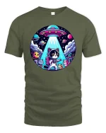 Cute Space Cat UFO Cartoon Galaxy Sci Fi Graphic T-Shirt - military green t-shirt on white background