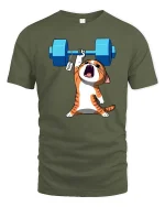 Funny Strong Cat Weightlifting Cartoon Gym Graphic T-Shirt Tee - military green t-shirt on white background