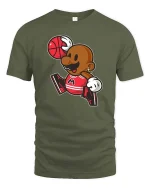 Cartoon Basketball Player Retro Street Style Graphic T-Shirt - military green t-shirt on white background