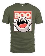 Funny Boo Ghost Cartoon Retro Halloween Graphic T-Shirt - military green t-shirt on white background