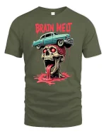 Brain Melt Skull Horror Retro Car Graphic Dark Art T-Shirt - military green t-shirt on white background