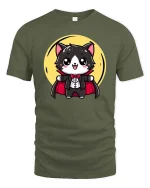 Cute Vampire Cat Cartoon Halloween Graphic T-Shirt Tee - military green t-shirt on white background