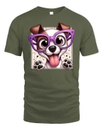 Cute Dog With Glasses Cartoon Funny Pet Graphic T-Shirt Tee - military green t-shirt on white background