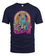 Stay Wild Neon Leopard Rainbow Retro Graphic T-Shirt Tee - navy t-shirt on white background