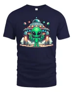 Cute Alien UFO Space Cartoon Sci Fi Graphic T-Shirt Tee - navy t-shirt on white background