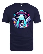 Cute Space Cat UFO Cartoon Galaxy Sci Fi Graphic T-Shirt - navy t-shirt on white background