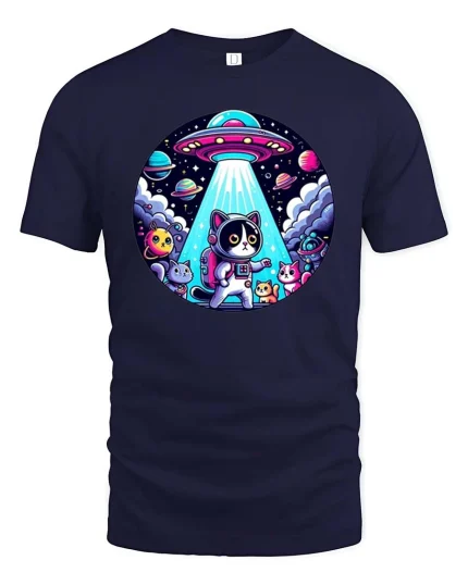 Cute Space Cat UFO Cartoon Galaxy Sci Fi Graphic T-Shirt - navy t-shirt on white background