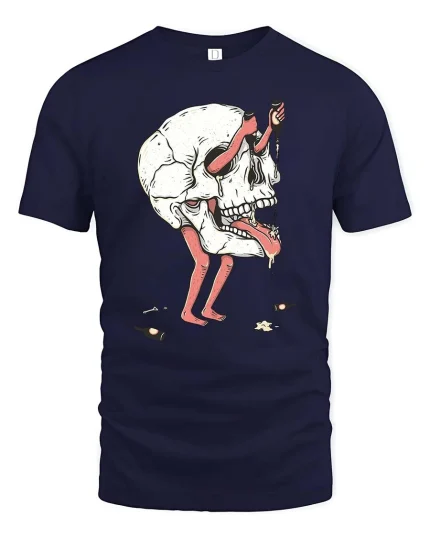 Surreal Skull Character Dark Art Weird Graphic T-Shirt Tee - navy t-shirt on white background