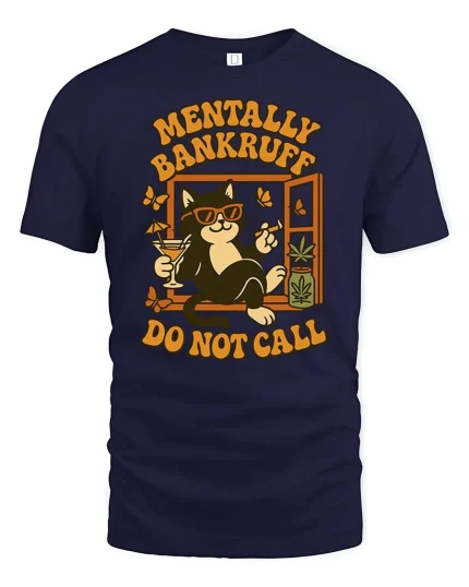Mentally Bankrupt Funny Cat Humor Retro Graphic T-Shirt - navy t-shirt on white background