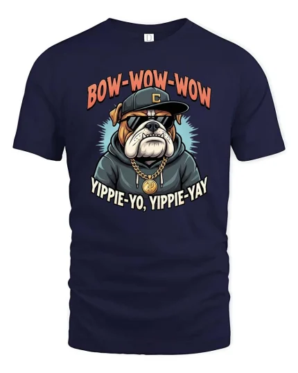 Bow Wow Wow Bulldog Rap Hip Hop Funny Dog Graphic T-Shirt - navy t-shirt on white background